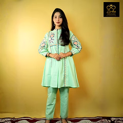 Sea Green Embroidered Cotton Co-Ord Set with Round Neck