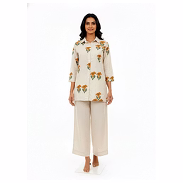 Off White Linen Cotton Block Print Co-Ord Set