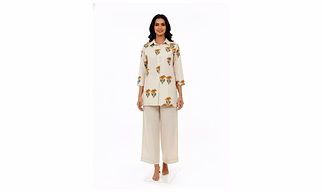 Off White Linen Cotton Block Print Co-Ord Set