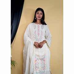 Off White Pure Muls Cotton Thread Work 3-Piece Set