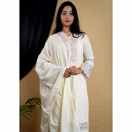 Off White Cotton Chikankari Cut-Work Readymade Set