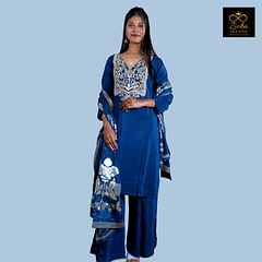 Navy Blue Crepe Silk Handwork 3-Piece Suit Set