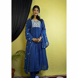 Peacock Blue Mul Chanderi Readymade Anarkali Suit Set