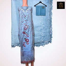 Sky Blue Pakistani Unstitched Suit with Cut-Work Design
