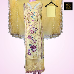 Yellow Pakistani Unstitched Suit with Cut-Work Embroidery