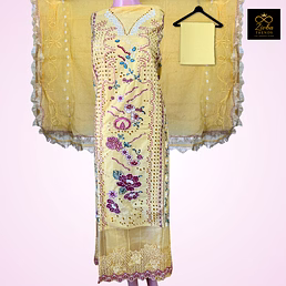 Yellow Pakistani Unstitched Suit with Cut-Work Embroidery