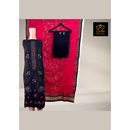 Black &amp; Cherry Red Embroidered Cotton Linen Suit with Sequence