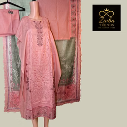 Peach Pink &amp; Pista Green Embroidered Suit with Tissue