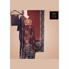 Brown Crepe Printed Suit Set with Hand Embroidery