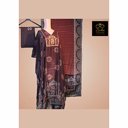Brown Crepe Printed Suit Set with Hand Embroidery