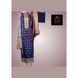 Navy Blue Banarasi Pure Silk Unstitched Suit Set