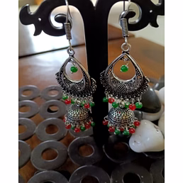 Oxidized Silver Filigree Jhumka Earrings | Green &amp; Red Beads