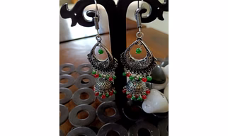 Oxidized Silver Filigree Jhumka Earrings | Green & Red Beads