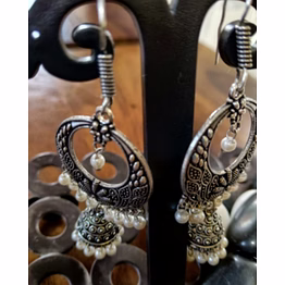 zivba trends antique oxidised silver pearl drop jhumka earrings