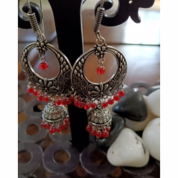 Heritage Oxidised Silver Red Bead Jhumka Earrings