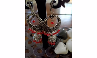 Heritage Oxidised Silver Red Bead Jhumka Earrings