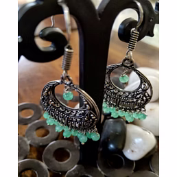 Heritage Oxidised Silver Green Bead Jhumka Earrings
