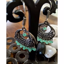zivba trends heritage oxidised silver green bead jhumka earrings