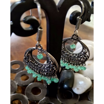 zivba trends heritage oxidised silver green bead jhumka earrings