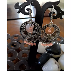 Antique Oxidised Silver Peach Bead Drop Earrings