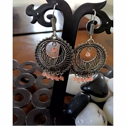 Antique Oxidised Silver Peach Bead Drop Earrings