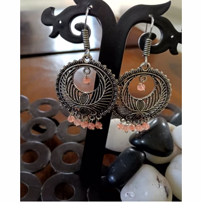 zivba trends antique oxidised silver peach bead drop earrings