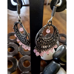 Heritage Oxidised Silver Light Pink Bead Drop Earrings