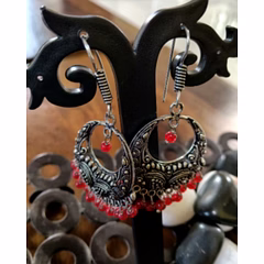Heritage Oxidised Silver Red Bead Circular Drop Earrings