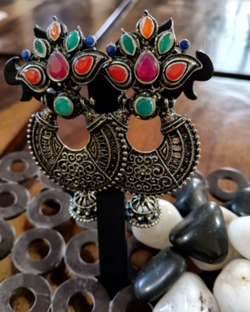 zivba trends heritage oxidised silver multicolor stone statement earrings