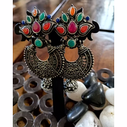Heritage Oxidised Silver Multicolor Stone Statement Earrings
