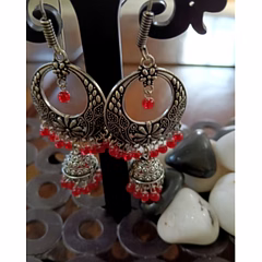 Heritage Oxidised Silver Red Bead Jhumka Drop Earrings