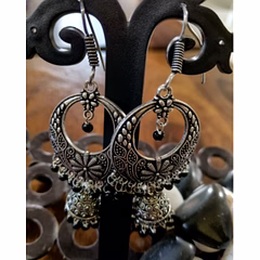 Classic Oxidised Silver Black Accent Jhumka Drop Earrings