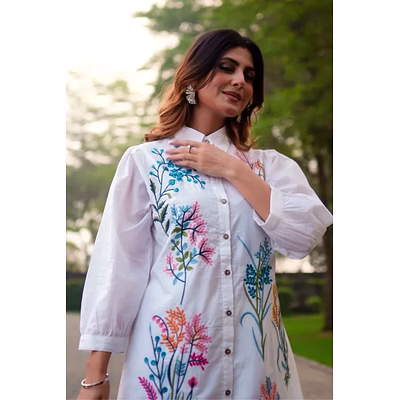 zivba trends white thread work pure cotton co-ord set
