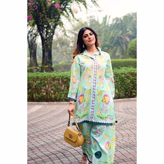 Sea Green Floral Printed Pure Cotton Co-Ord Set with Palazzo