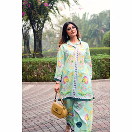 Sea Green Floral Printed Pure Cotton Co-Ord Set with Palazzo