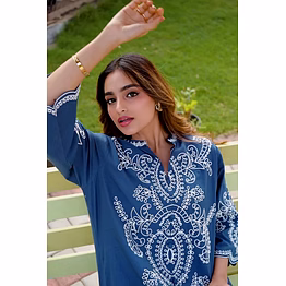 zivba trends petrol blue cotton co-ord set with white thread embroidery
