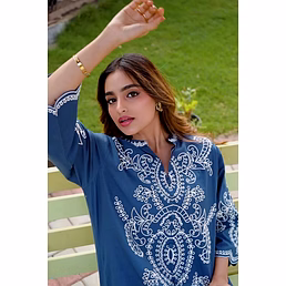 Petrol Blue Cotton Co-Ord Set with White Thread Embroidery