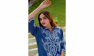 Petrol Blue Cotton Co-Ord Set with White Thread Embroidery