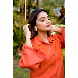 Premium Rust Orange Embroidered Co-Ord Shirt &amp; Pant Set
