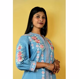 zivba trends sky blue embroidered pure cotton co-ord set