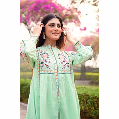 Sea Green Embroidered Cotton Co-Ord Set with Round Neck
