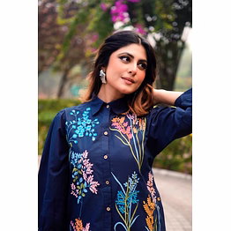 zivba trends neavy blue thread work pure cotton co-ord set