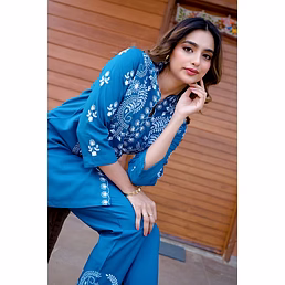 Exquisite Peacock Blue Thread Work Co-ord Set