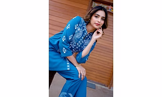 Exquisite Peacock Blue Thread Work Co-ord Set
