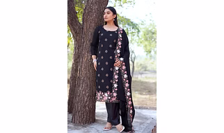 Elegant Black Embroidered Fox Georgette Unstitched Suit