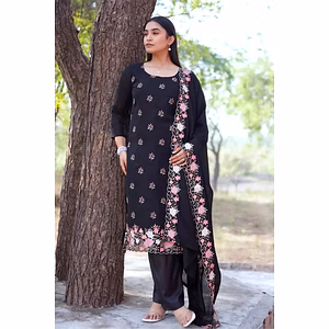 Elegant Black Embroidered Fox Georgette Unstitched Suit