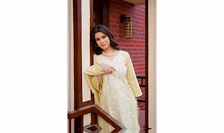 Lemon Yellow Unstitched Cotton Suit with White Thread Embroidery