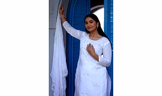 Off-White Chanderi Embroidered Cutwork Unstitched Suit