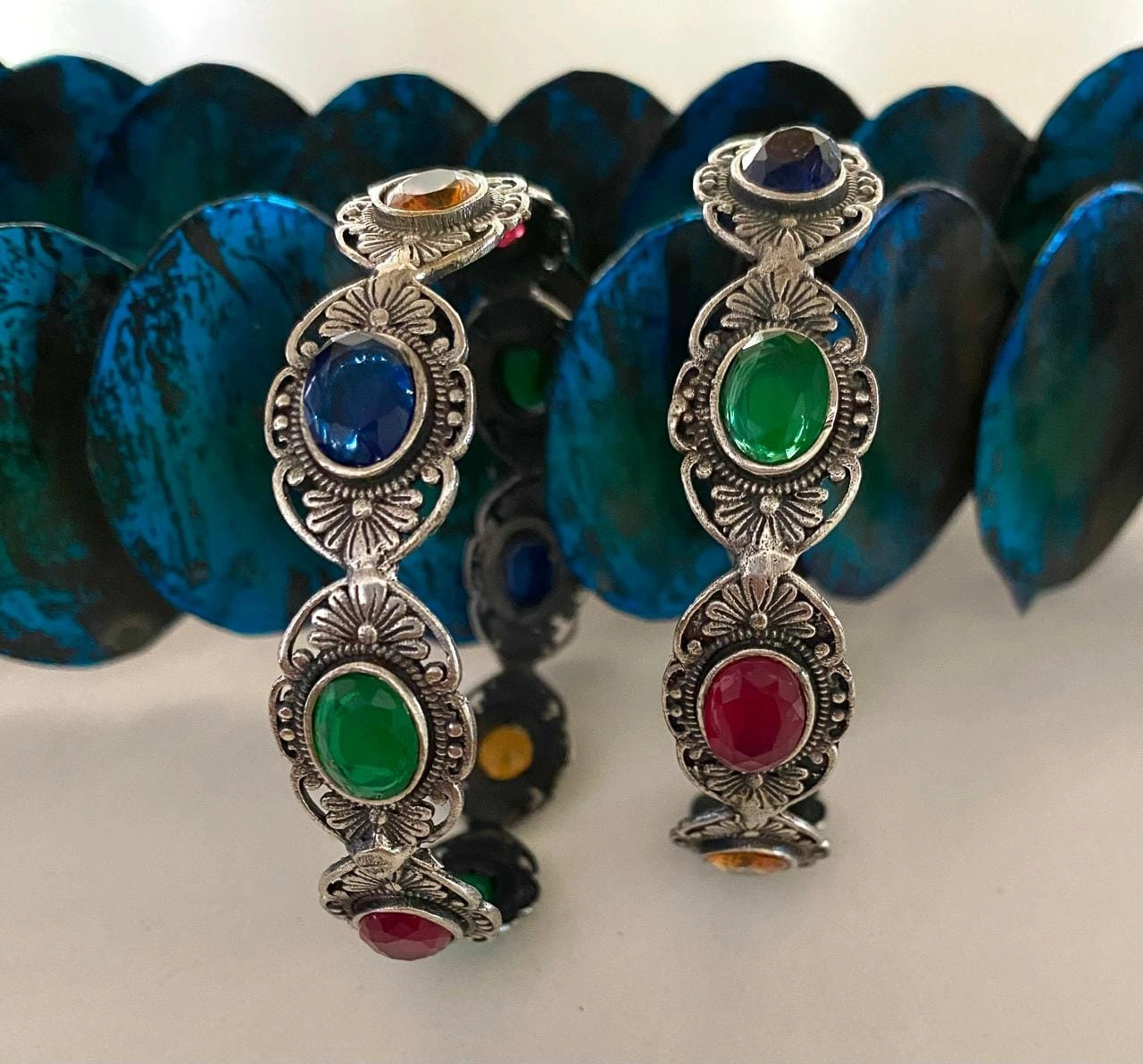 Floral Designs German Silver Bangles With Semi-Precious Stones-BANGLES10150