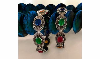 Floral Designs German Silver Bangles With Semi-Precious Stones